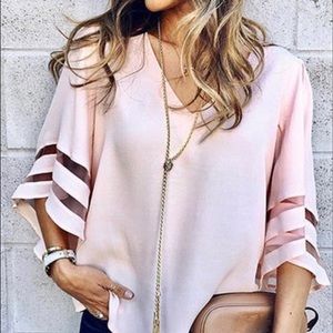 Pink V-Neck Mesh-Panel Bell Sleeve Top
